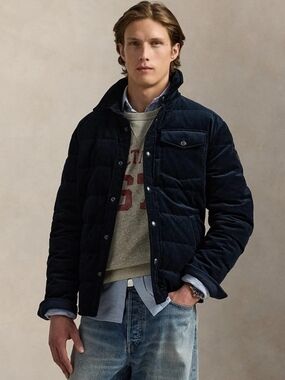 Polo Ralph Lauren Mens XL Quilted Curdoruy Jacket Cotton Navy Leather Pony NWT